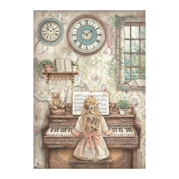 Vintage-style illustration of a girl playing an old piano with decorative elements like clocks and plants.