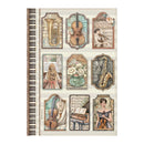 Notebook cover with musical instrument and classical music-themed illustrations on a white background