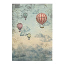 Vintage-style illustration of hot air balloons in the sky with clouds.