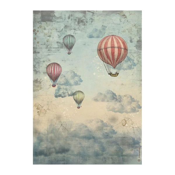 Vintage-style illustration of hot air balloons in the sky with clouds.