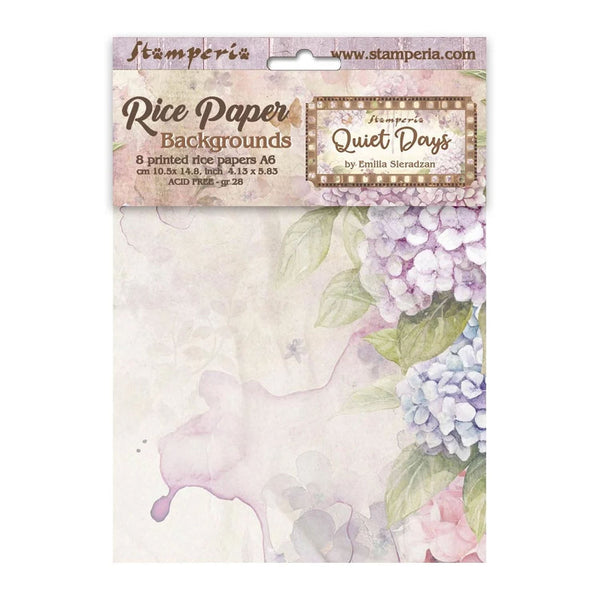 Packaging of Stamperia rice paper with floral design and brand name.