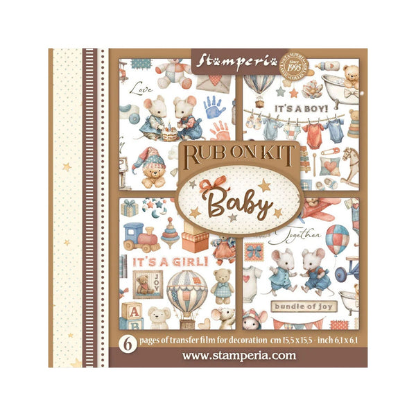 Rub-on transfer sheet for decoration with baby-themed graphics and text.