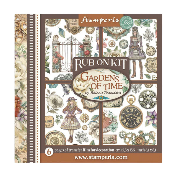 Stamperia 'Gardens of Time' rub on kit packaging with decorative elements and brand name.