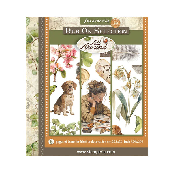 Stamperia rub on selection with nature-themed designs and text.
