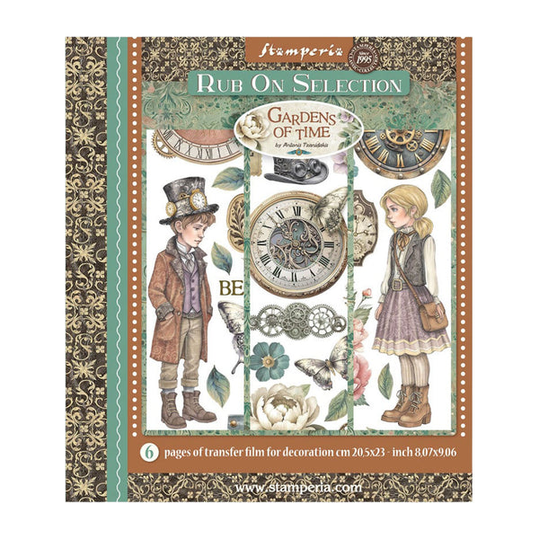 Stamperia 'Gardens of Time' rub on selection with boy, girl, and clock design on a decorative packaging.