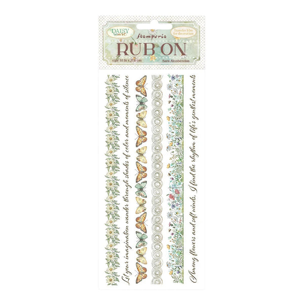 Rub-on transfer with butterfly and nature design on a white background