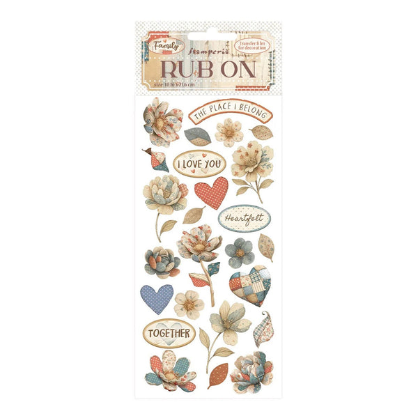 Decorative rub-on transfers with floral and heart designs on a white background
