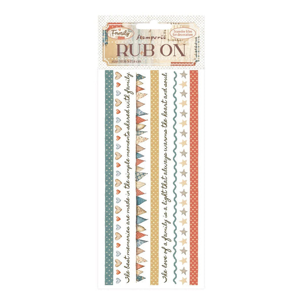 Rub-on transfer sheet with decorative designs and text on a white background