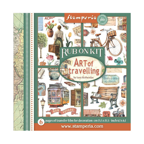 Rub on kit packaging with travel-themed design and Stamperia branding.