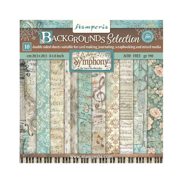 Packaging of Stamperia 'Symphony' paper pack with various patterns on a white background
