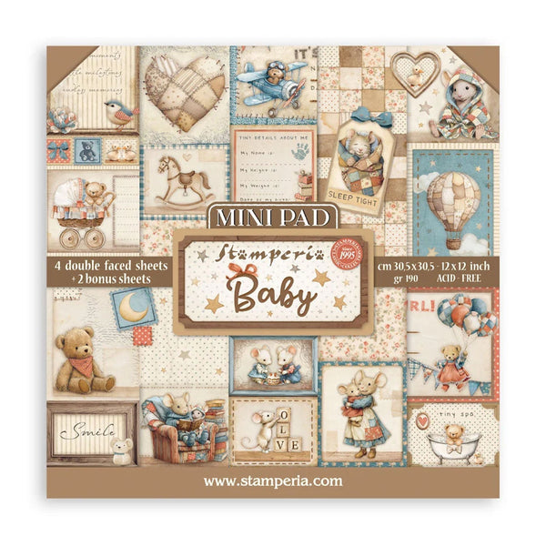 Stamperia Baby mini pad packaging with teddy bears and vintage elements on a white background