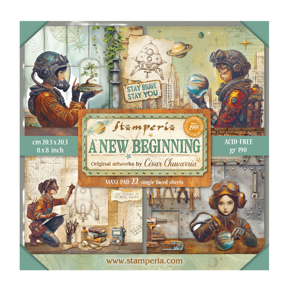 Stamperia 'A New Beginning' art paper pad with illustrations and text on a white background