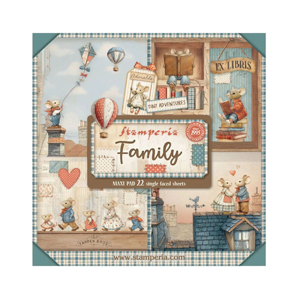 Stamperia Family maxi pad packaging with illustrations of children and books.