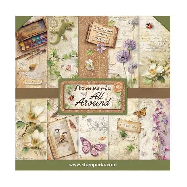 Stamperia All Around paper pack with nature-themed designs and text, featuring flowers, butterflies, and text on a white background.