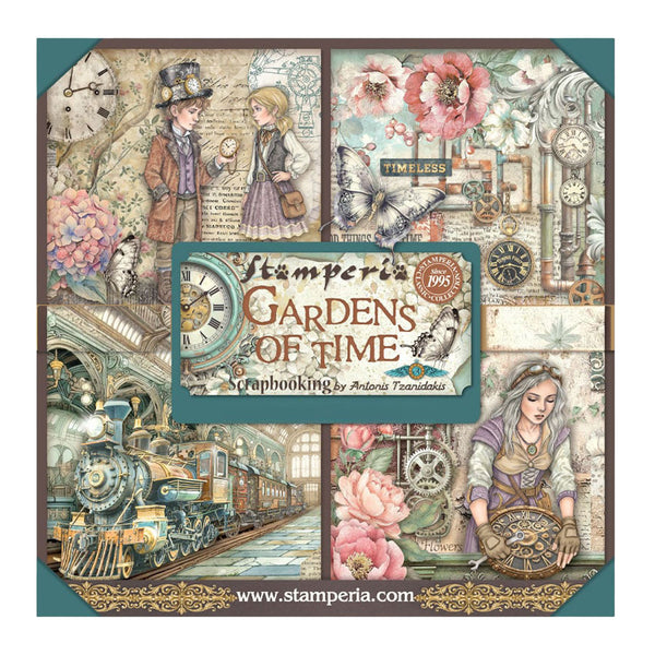 Stamperia 'Gardens of Time' scrapbooking kit with vintage-themed design elements.
