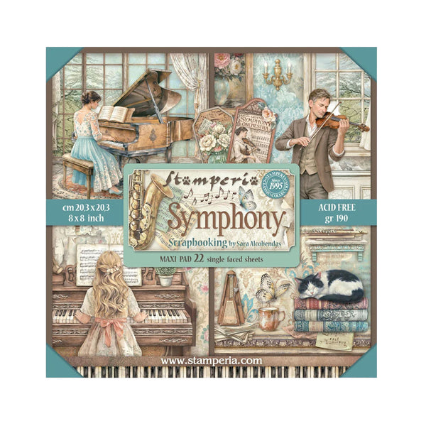 Stamperia Symphony scrapbooking paper pad packaging with musical-themed illustrations.