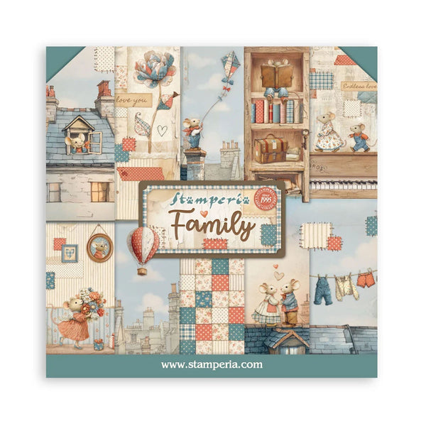 Stamperia paper pack with family-themed illustrations on a white background