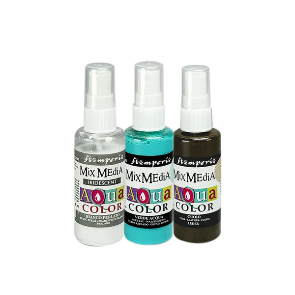 Three bottles of Stamperia Mix Mediu Aqua Color on a white background