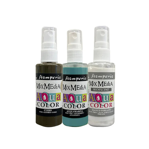 Three bottles of Stamperia Mix Mediu Aqua Color on a white background