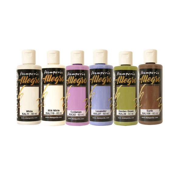 Set of six Stamperia Allegro acrylic paint bottles in various colors on a white background