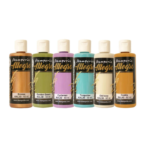 Set of six Stamperia Allegro paint bottles in various colors on a white background
