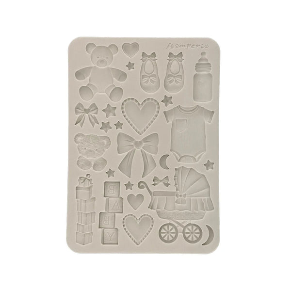 Silicone mold with baby-themed shapes on a white background