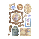 Collection of vintage-style decorative elements including frames, buttons, and a camera on a white background.
