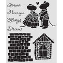 Decorative design with two mice holding hands, text, a brick wall, and a house on a white background.