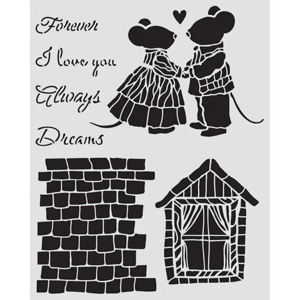 Decorative design with two mice holding hands, text, a brick wall, and a house on a white background.