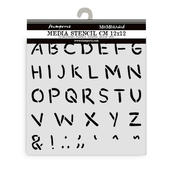 Stamperia media stencil with alphabet and symbols on a white background