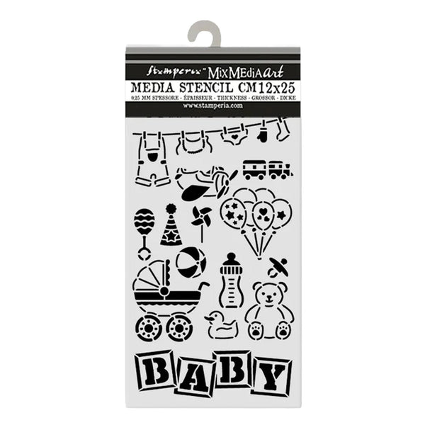 Stamperina Media Stencil with baby-themed designs on a white background