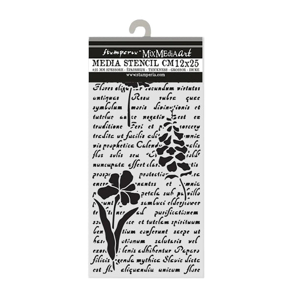 Stamperia Thick Stencil 4.72"x 9.84" - Herbarium Silvae Letter with Flowers