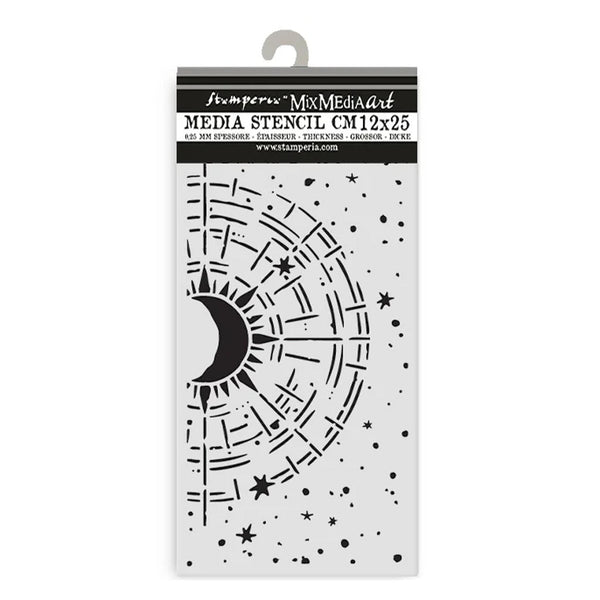 Stamperoo Mix Media Art stencils with moon and star design on a white background