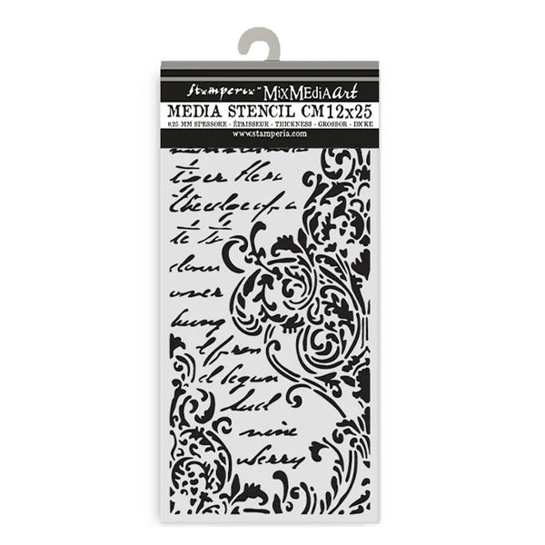 Stamperia Media Stencil with decorative design and text on a white background