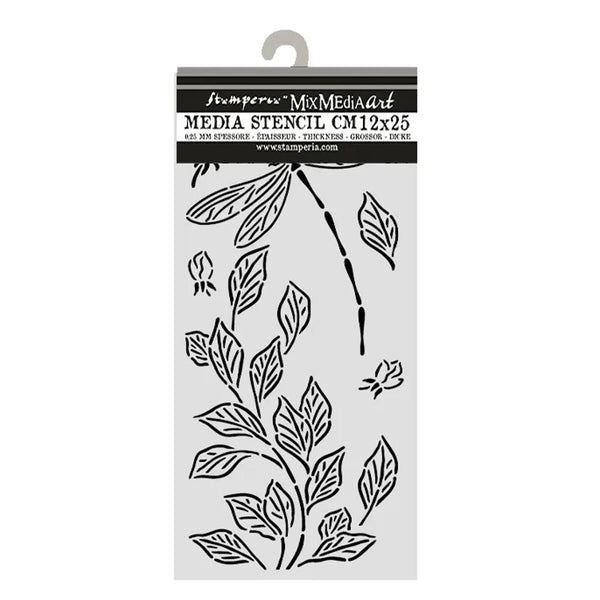 Floral stencil on a white background with branding at the top.