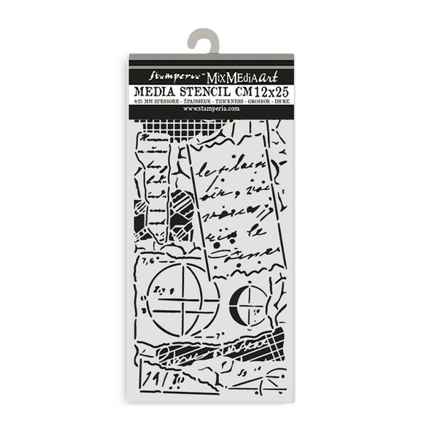 Stamperia media stencil with text and graphics on a white background