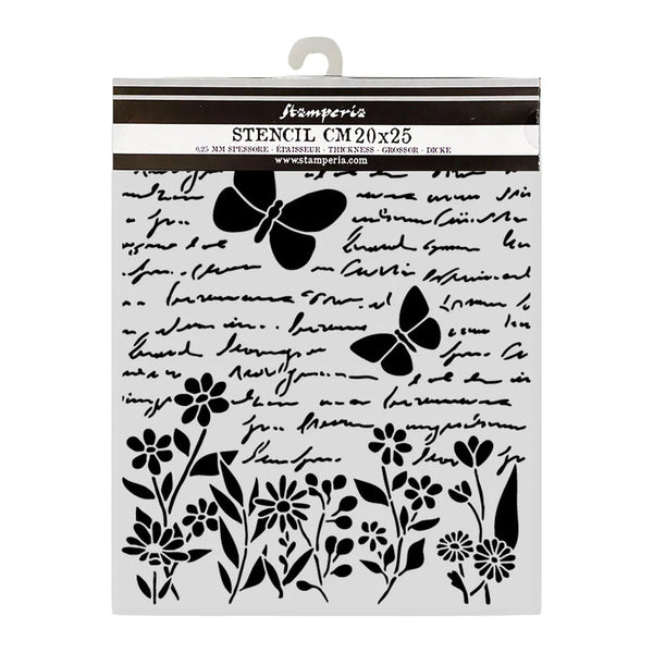 Stencil with butterfly and floral designs on a white background