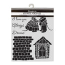 Stamperia stencil with architectural elements and text on a white background