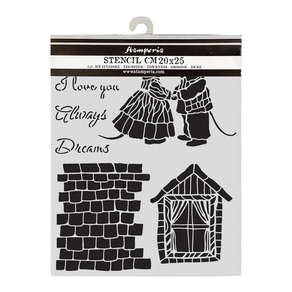 Stamperia stencil with architectural elements and text on a white background