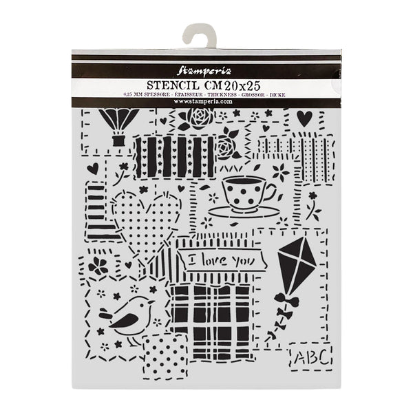 Stencils with various patterns and designs on a white background