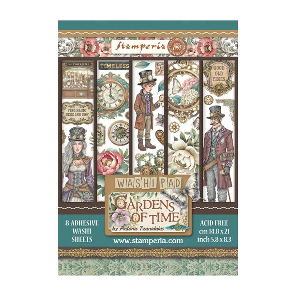 Stamperia 'Gardens of Time' Washi Pad packaging with vintage-themed design on a white background.