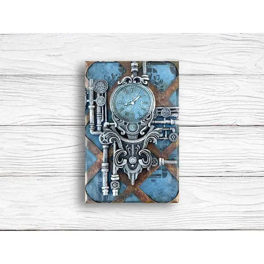Decorative wall art with clock design on a wooden surface