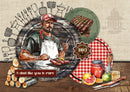 Illustration of a man grilling with BBQ tools and food on a rustic background