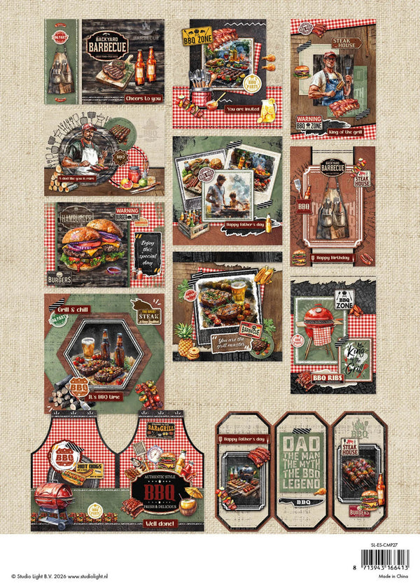 Collection of BBQ-themed cards and decorations on a textured beige background