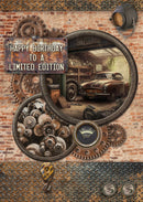Birthday card with vintage car, gears, and 'Happy Birthday to a Limited Edition' text on a brick background.