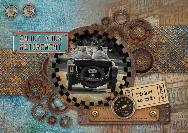 Collage with vintage car, 'Enjoy Your Retirement' sign, and mechanical elements on a textured background.