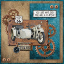 Vintage motorcycle with sidecar and Route 66 sign on a textured background with gears and text.