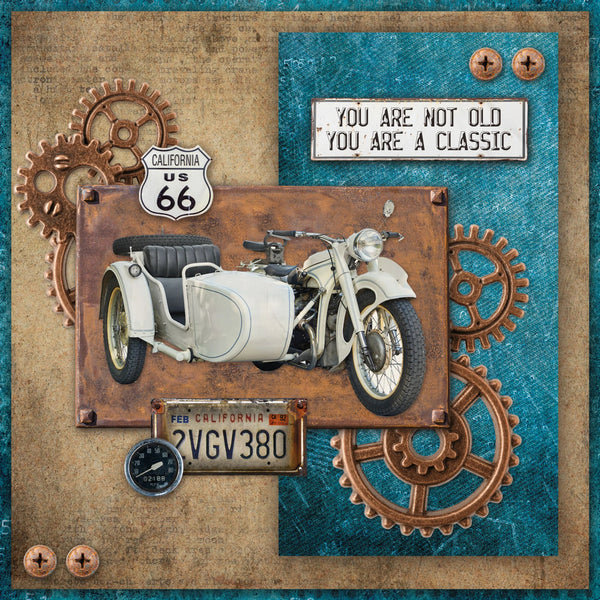 Vintage motorcycle with sidecar and Route 66 sign on a textured background with gears and text.