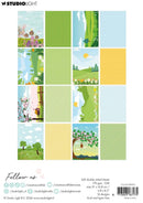 Collection of nature-themed paper sheets with trees, flowers, and landscapes on a white background.