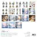 Collection of winter-themed stickers with snowmen, animals, and scenic views on a white background.